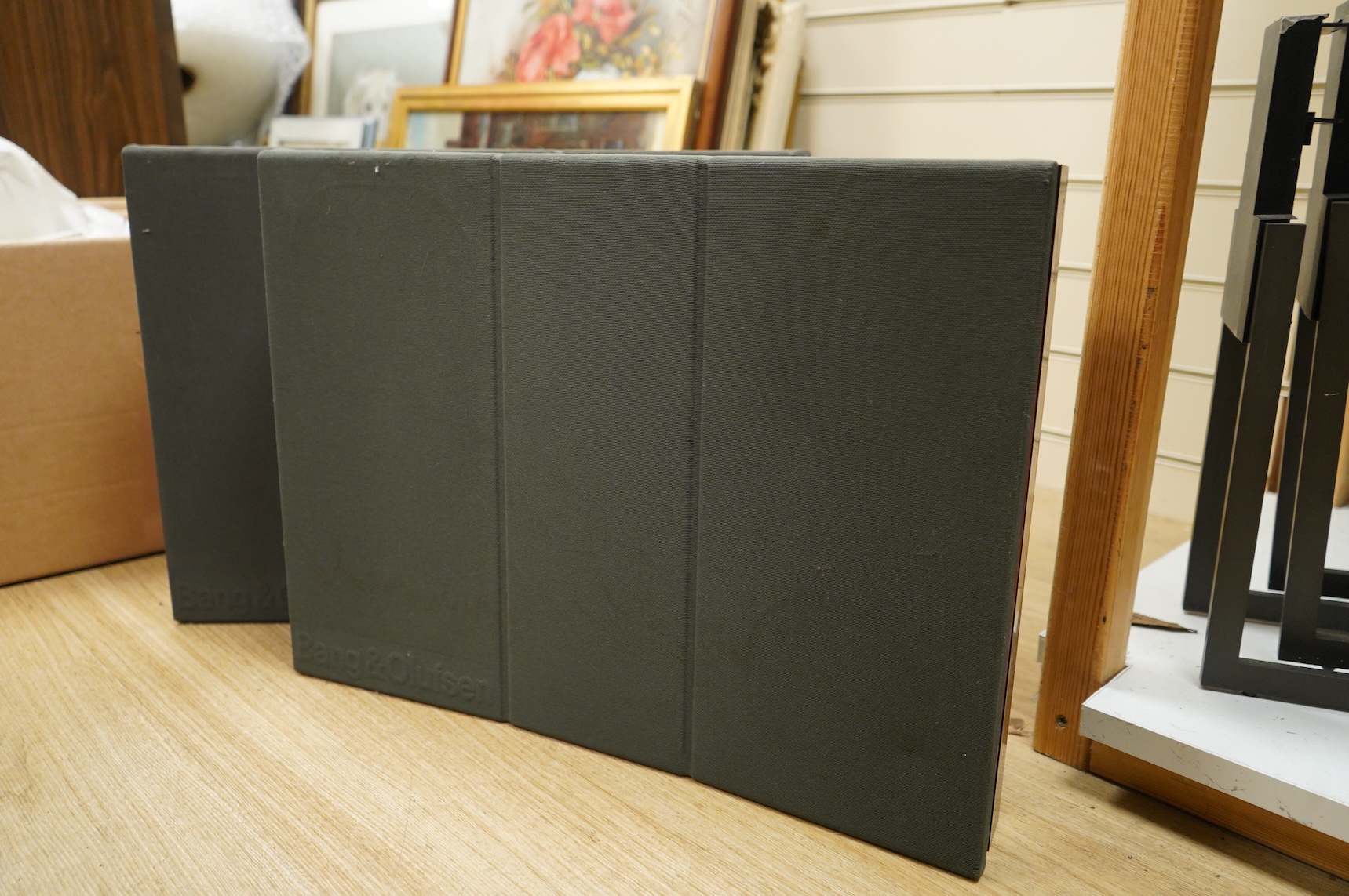 A collection of Bang & Olufsen stereo equipment, including; a Beocentre 2200 together with a pair of the related Beovox X25 speakers, plus a pair of Redline R60 floor standing speakers with their stands, and a pair of Be